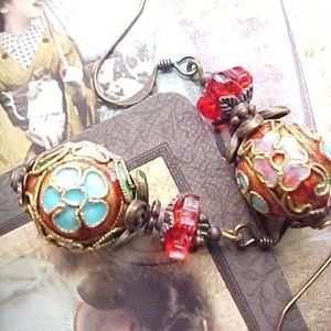 B2G1 Mothers Day Gifts Fancy Red Cloisonne Earrings Blue Flower Marie Antoinette